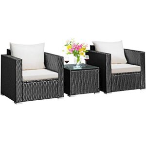 tangkula 3 pieces patio furniture set, pe rattan wicker sofa set w/washable cushion and tempered glass tabletop, outdoor conversation furniture for garden poolside
