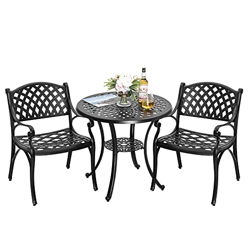 Nuu Garden 3 Pieces Patio Bistro Set, Cast Aluminum Patio Dining Set with Umbrella Hole All-Weather Garden Table and Chairs for Yard, Balcony, Black with Antique Bronze Edging