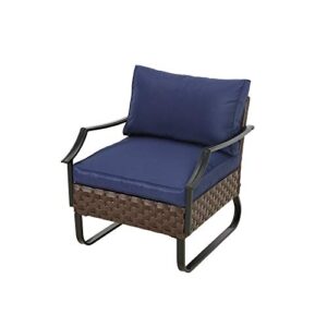 lokatse home single outdoor armchair rattan sofa cushioned patio chair u leg metal club furniture for balcony porch garden deck, blue