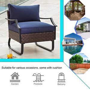 LOKATSE HOME Single Outdoor Armchair Rattan Sofa Cushioned Patio Chair U Leg Metal Club Furniture for Balcony Porch Garden Deck, Blue