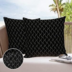 Outdoor Pillows 18x18 Waterproof Outdoor Pillow Covers, Black Wave Line Printed Polyester Throw Pillow Covers Garden Cushion Decorative Case for Patio Couch Decoration Set of 2, Black Texture