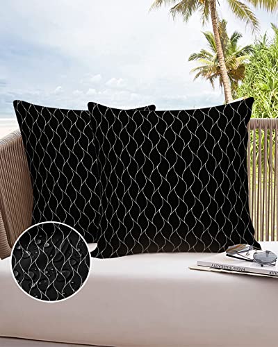Outdoor Pillows 18x18 Waterproof Outdoor Pillow Covers, Black Wave Line Printed Polyester Throw Pillow Covers Garden Cushion Decorative Case for Patio Couch Decoration Set of 2, Black Texture