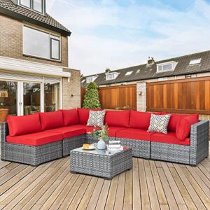 shintenchi 7 pieces outdoor patio sectional sofa couch, silver gray pe wicker furniture conversation sets with washable cushions & glass coffee table for garden, poolside, backyard (red)