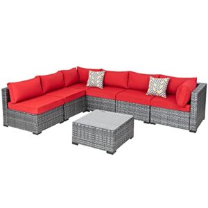 Shintenchi 7 Pieces Outdoor Patio Sectional Sofa Couch, Silver Gray PE Wicker Furniture Conversation Sets with Washable Cushions & Glass Coffee Table for Garden, Poolside, Backyard (Red)