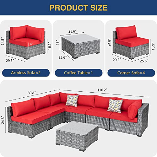 Shintenchi 7 Pieces Outdoor Patio Sectional Sofa Couch, Silver Gray PE Wicker Furniture Conversation Sets with Washable Cushions & Glass Coffee Table for Garden, Poolside, Backyard (Red)