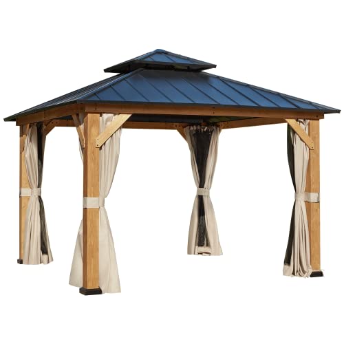 EROMMY 11'x11' Solid Wood Gazebo, Outdoor Hardtop Gazebo Pavilion with Netting and Curtains, Spruce Wooden Frame Double Roof Metal Canopy for Patio Backyard Deck Garden