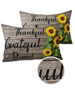 outdoor pillow covers set of 2 waterproof throw pillowcases thankful grateful blessed sunflowers on brown vintage wood grain decorative throw cushion covers for patio garden porch (20×12 inch)