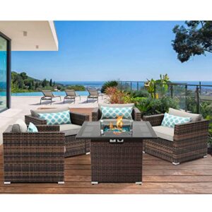 HOMPUS Outdoor Patio Furniture 5-Piece Wicker Chairs w 36-inch Square Propane Fire Pit Table(40,000 BTU),Internal Tank Storage£¬Glass Wind Guard