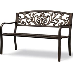topeakmart outdoor garden bench patio park iron metal frame bench outdoor yard furniture clearance w/backrest, slatted seat for porch, deck, entryway, backyard, bronze