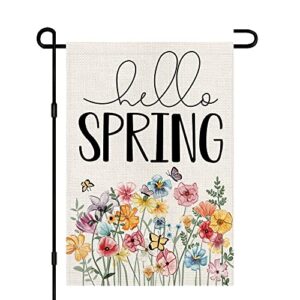 hello spring floral garden flag 12×18 inch double sided burlap outside, flower seasonal sign small farmhouse yard outdoor decoration df235