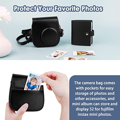 Protective Camera Case for Fujifilm Instax Mini 11 12 9 Instant Camera with Instax Mini Album, Photo Album for Fujifilm Instax Mini Camrea, PU Leather Bag Cover with Removable Adjustable Strap, Black