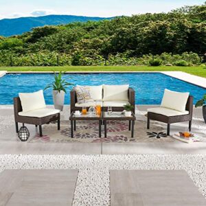 lokatse home 6 pieces patio furniture outdoor all weather wicker conversation sets with brown rattan sofa chair, cushions and coffee glass table, beige