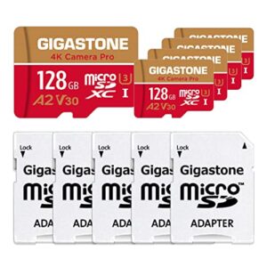[5-yrs free data recovery] gigastone 128gb 5-pack micro sd card, 4k camera pro, 4k video recording for gopro, dji, drone, r/w up to 100/50 mb/s microsdxc memory card uhs-i u3 a2 v30, with adapter