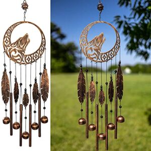 vp home 27.5″ h rustic copper tribal wolf dream catcher wind chimes for outside unique dreamcatcher wolf windchimes outdoor decoration garden decor wolf wind chime gift for women, mom, grandma, unisex