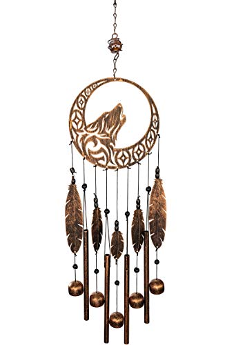 VP Home 27.5" H Rustic Copper Tribal Wolf Dream Catcher Wind Chimes for Outside Unique Dreamcatcher Wolf Windchimes Outdoor Decoration Garden Decor Wolf Wind Chime Gift for Women, Mom, Grandma, Unisex