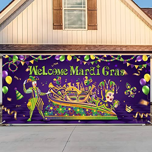 Outdoor Mardi Gras Garage Door Banner Cover Masquerade Party Backdrop Decoration Extra Large Mardi Gras Banner Photo Props Dancing Background for Carnival Birthday Party Supplies 6.1 x 13 ft