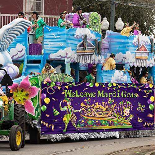 Outdoor Mardi Gras Garage Door Banner Cover Masquerade Party Backdrop Decoration Extra Large Mardi Gras Banner Photo Props Dancing Background for Carnival Birthday Party Supplies 6.1 x 13 ft