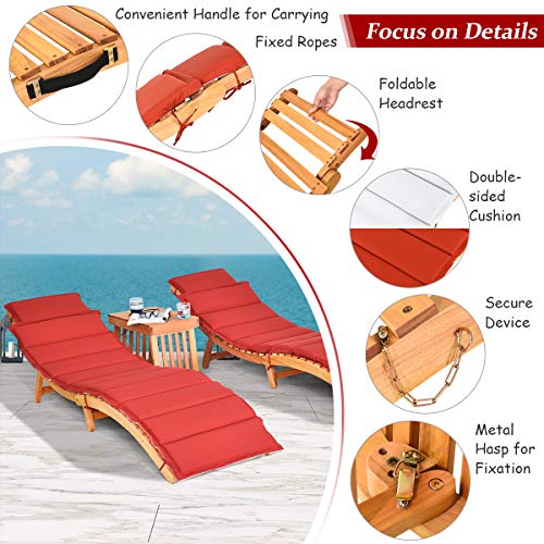 Tangkula 3 Pcs Folding Patio Solid Eucalyptus Wood Lounge Chair Set, Outdoor Lounger Chair w/Foldable Side Table, Double-Sided Cushion Lounger Chairs Set for Garden Lawn Backyard(Red & White)