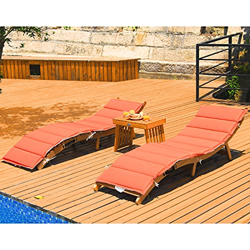 Tangkula 3 Pcs Folding Patio Solid Eucalyptus Wood Lounge Chair Set, Outdoor Lounger Chair w/Foldable Side Table, Double-Sided Cushion Lounger Chairs Set for Garden Lawn Backyard(Red & White)