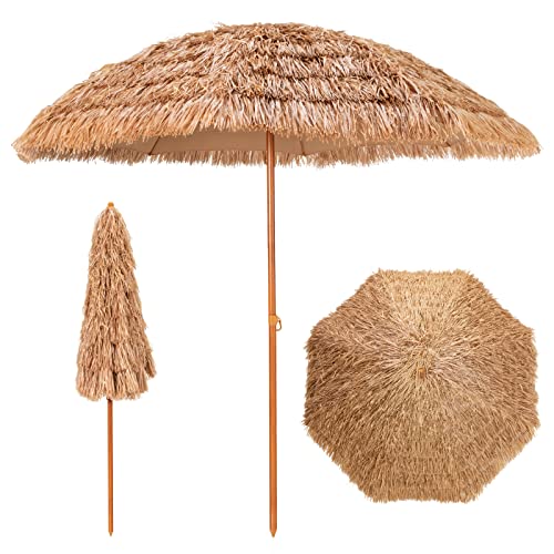 TANGKULA 8 FT Thatched Patio Umbrella, Hawaiian Style Grass Beach Umbrella with 8 Ribs, Portable Outdoor Tropical Palapa Tiki Umbrella for Beach Patio Garden Pool (8 FT)