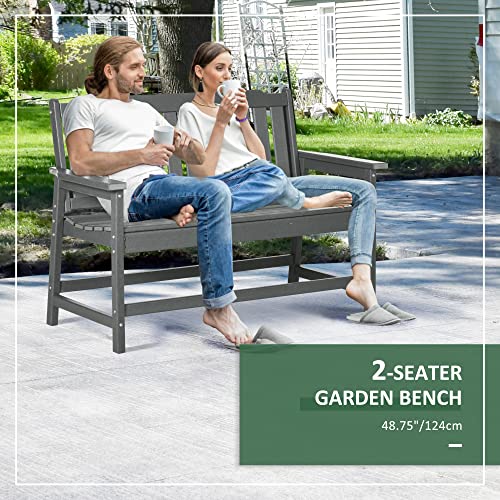 Outsunny Outdoor Bench for Two Person, Waterproof HDPE Garden Bench with Slatted Backrest and Seat, Patio Loveseat with Armrests for Lawn, Yard, Balcony, Porch, Dark Gray