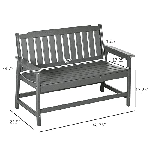 Outsunny Outdoor Bench for Two Person, Waterproof HDPE Garden Bench with Slatted Backrest and Seat, Patio Loveseat with Armrests for Lawn, Yard, Balcony, Porch, Dark Gray