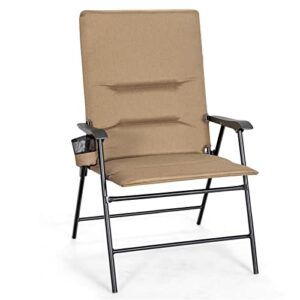 giantex 2 pack folding patio chairs, outdoor lawn chairs with cup holder, soft padded seat backrest, 330lbs camping chairs, metal frame, sling chairs for garden yard picnic, tan