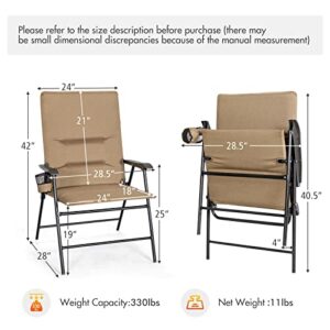 Giantex 2 Pack Folding Patio Chairs, Outdoor Lawn Chairs with Cup Holder, Soft Padded Seat Backrest, 330LBS Camping Chairs, Metal Frame, Sling Chairs for Garden Yard Picnic, Tan