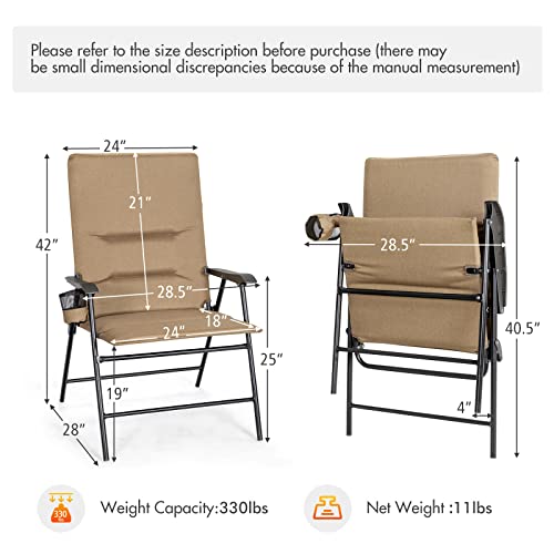 Giantex 2 Pack Folding Patio Chairs, Outdoor Lawn Chairs with Cup Holder, Soft Padded Seat Backrest, 330LBS Camping Chairs, Metal Frame, Sling Chairs for Garden Yard Picnic, Tan