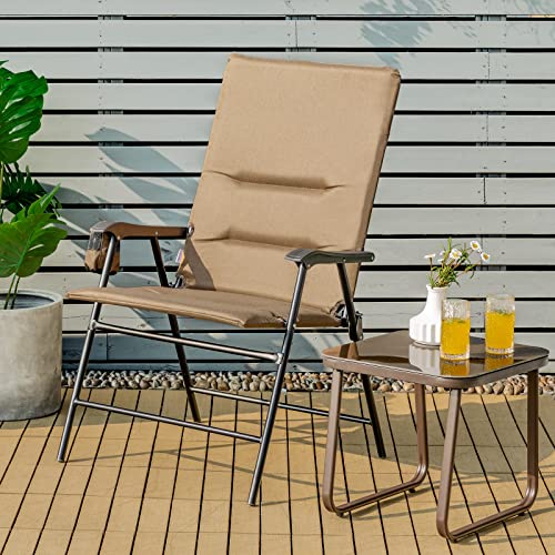 Giantex 2 Pack Folding Patio Chairs, Outdoor Lawn Chairs with Cup Holder, Soft Padded Seat Backrest, 330LBS Camping Chairs, Metal Frame, Sling Chairs for Garden Yard Picnic, Tan