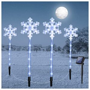 fcysy solar powered christmas lights outdoor waterproof, 4 pcs xmas cool white snowflake pathway lights, christmas outside decorations yard walkway stake lights for holiday lawn garden patio décor