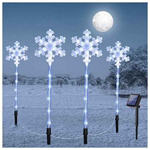 Fcysy Solar Powered Christmas Lights Outdoor Waterproof, 4 PCS Xmas Cool White Snowflake Pathway Lights, Christmas Outside Decorations Yard Walkway Stake Lights for Holiday Lawn Garden Patio Décor