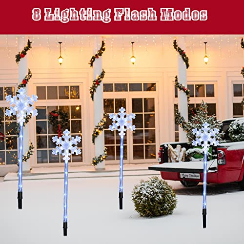 Fcysy Solar Powered Christmas Lights Outdoor Waterproof, 4 PCS Xmas Cool White Snowflake Pathway Lights, Christmas Outside Decorations Yard Walkway Stake Lights for Holiday Lawn Garden Patio Décor