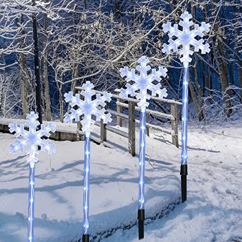 Fcysy Solar Powered Christmas Lights Outdoor Waterproof, 4 PCS Xmas Cool White Snowflake Pathway Lights, Christmas Outside Decorations Yard Walkway Stake Lights for Holiday Lawn Garden Patio Décor