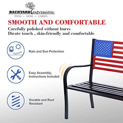 BACKYARD EXPRESSIONS PATIO · HOME · GARDEN Backyard Expressions 906727-NW Outdoor Patio Metal Welcome Bench-American Flag-55 Inch-Red/White/Blue