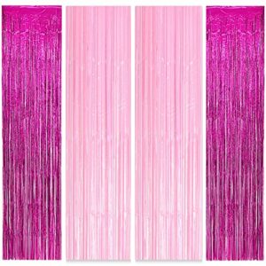 boopati 3.2×6.5 ft pink & rose red metallic tinsel foil fringe curtains for barbie theme party girl birthday baby shower photo backdrop decorate,4 packs