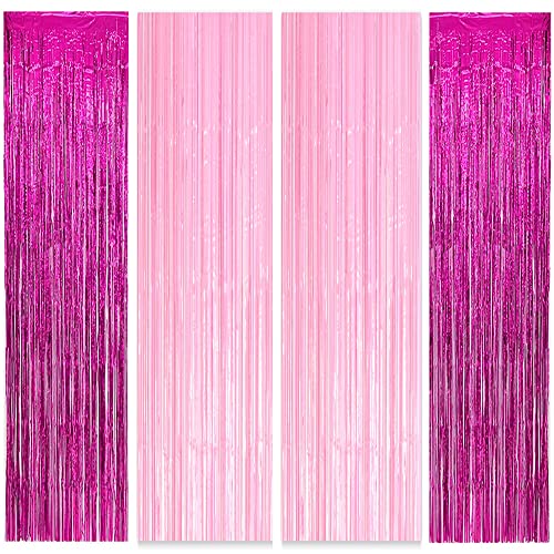 Boopati 3.2x6.5 ft Pink & Rose Red Metallic Tinsel Foil Fringe Curtains for Barbie Theme Party Girl Birthday Baby Shower Photo Backdrop Decorate,4 Packs