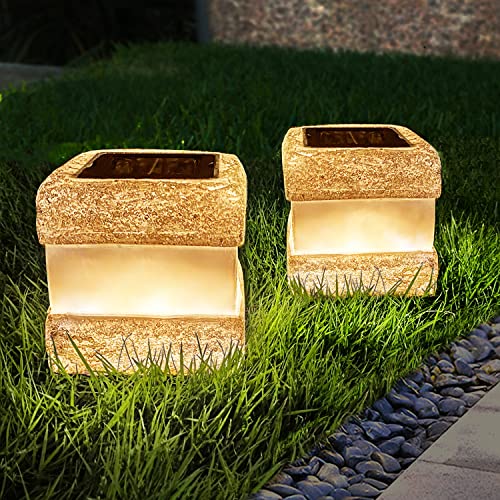 2 Pack Solar Garden Lights, Fake Rock Lights for Outdoor Pathway Yard, Solar Waterproof Decorative Rocks Lantern for Landscape Decor Brown