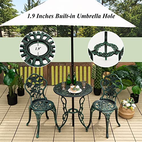 Tangkula 3 Pieces Patio Bistro Set, Outdoor Aluminium Patio Furniture Set, Outdoor Chairs and Table with Umbrella Hole, Patio Dining Set for Balcony Backyard Garden & Poolside (Green)