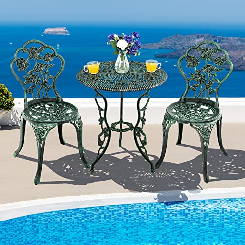Tangkula 3 Pieces Patio Bistro Set, Outdoor Aluminium Patio Furniture Set, Outdoor Chairs and Table with Umbrella Hole, Patio Dining Set for Balcony Backyard Garden & Poolside (Green)