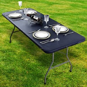 RANDLANTER Vinyl Fitted Picnic Table Cover with Elastic Edges and Flannel Backing Indoor and Outdoor Dining Room Garden Tablecloth -Dark Blue 72x28”