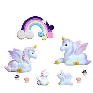 yeaco 9pcs fairy garden accessories kit, unicorn family with 2 big unicorns, 2 baby unicorns, 1 rainbow and 4 mashrooms, stocking stuffer, cake decorations
