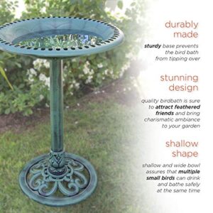 Alpine Corporation 28" Tall Outdoor Birdbath with Scrollwork Decoration Yard Statue, Green