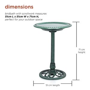 Alpine Corporation 28" Tall Outdoor Birdbath with Scrollwork Decoration Yard Statue, Green