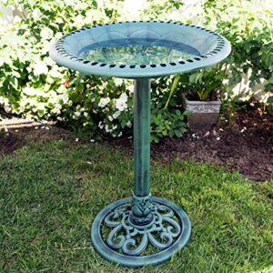 Alpine Corporation 28" Tall Outdoor Birdbath with Scrollwork Decoration Yard Statue, Green