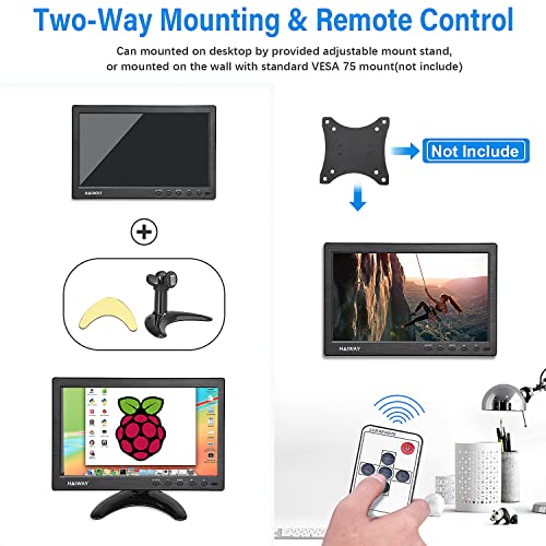 Haiway 10.1 inch Security Monitor, 1024x600 Resolution Small HDMI Monitor Small Portable Monitor with Remote Control with Built-in Dual Speakers HDMI VGA BNC Input for Gaming CCTV Raspberry Pi PC