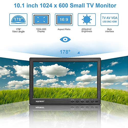 Haiway 10.1 inch Security Monitor, 1024x600 Resolution Small HDMI Monitor Small Portable Monitor with Remote Control with Built-in Dual Speakers HDMI VGA BNC Input for Gaming CCTV Raspberry Pi PC