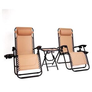 btexpert 3pcs zero gravity foldable chair side table set adjustable recliner pillow chaise lounge outdoor camping patio porch beach back yard garden built-in cup holder beige two case pack portable