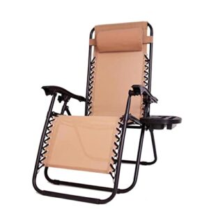 BTEXPERT 3PCS Zero Gravity Foldable Chair Side Table Set Adjustable Recliner Pillow Chaise Lounge Outdoor Camping Patio Porch Beach Back Yard Garden Built-in Cup Holder Beige Two Case Pack Portable
