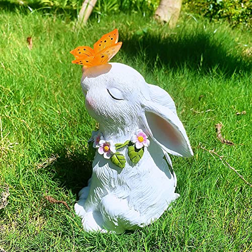 iRonrain Solar Garden Statues Rabbits with Butterfly Halloween Decoration Lights Sculpture, Solar Powered Outdoor Art Décor Bunny Figurine Ornament Resin Lights for Patio Lawn Front Yard (White)